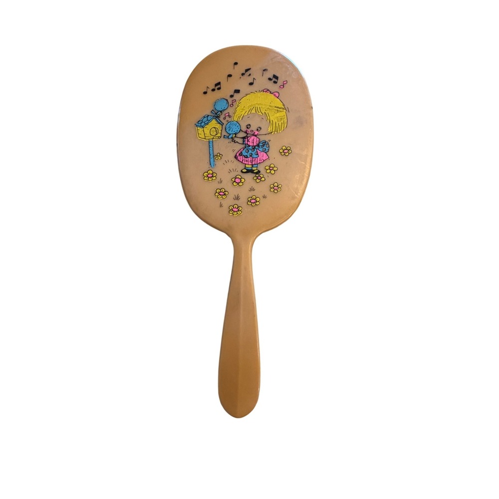 Vintage Retro Girl Birdhouse Flowers Hand Mirror Tan Plastic Kitschy 1970s Style